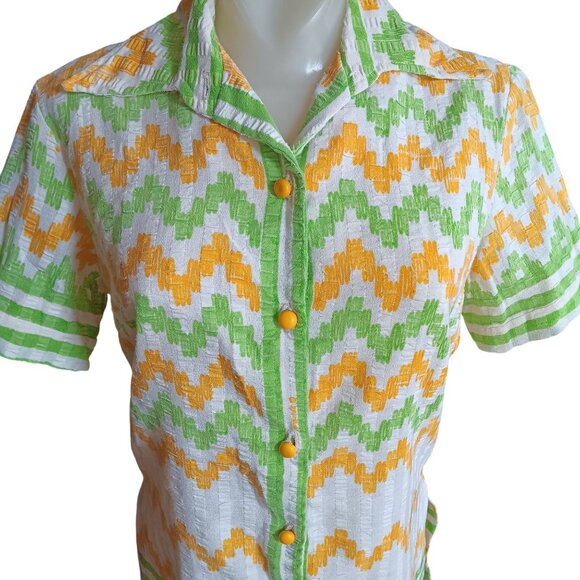 Medium Vintage 1960's Blouse Button-Up Shirt Chevron Print Bernardo Mod Mommy - Picture 1 of 7